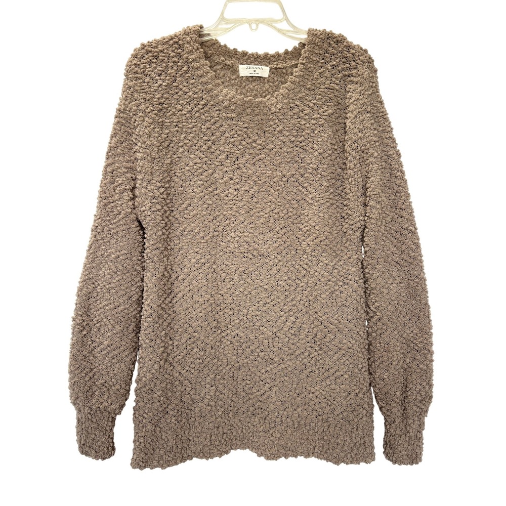 Zenana Popcorn Knit Sweater Balloon Sleeve Crew Neck Women's Medium Brown
